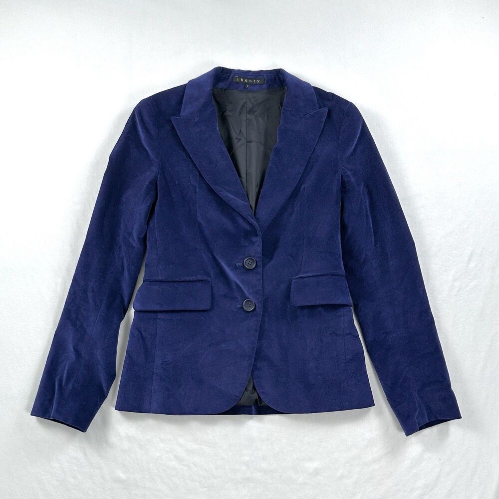Theory Crushed Velvet Blazer Womens 6 Blue Pockets 2 Button Office Whimsigoth